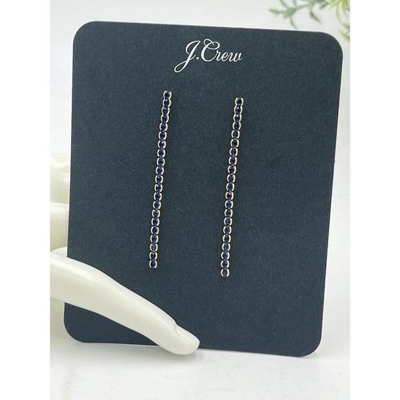 J. Crew Beautiful Blue Crystal Linear Dangle Gold Tone Earrings New - Picture 4 of 9